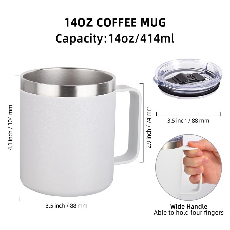 Volhoply 14oz Insulated Stainless Steel Coffee Mug with Lid Bulk 2 Pack Double Wall Vacuum Travel Coffee Cup with Handle Reusable Metal Cups Tumbler Camping Mugs Keep Hot Ideal Gifts(White 2) - Image 2